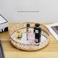 Plateau rond fond de miroir avec cristal décoratif métal plaqué