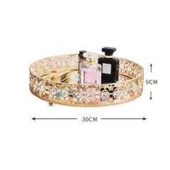 Plateau rond fond de miroir avec cristal décoratif métal plaqué