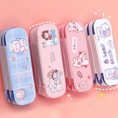 Trousse à fourniture scolaire en cuir synthétique de deux compartiments Grande capacité 21.5*7*7cm