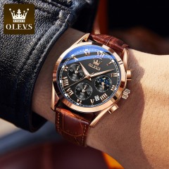 Montre multifonctions OLEVS pour hommes avec bracelet en cuir, étanche et lumineuse