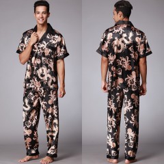 Pyjama homme ensemble de 2 pièces (pantalon long + chemise à manches courtes) en soie artificielle avec motif imprimé
