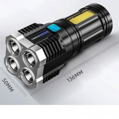 Lampe de poche COB multifonctionnelle à 4 LEDs rechargeable par USB pour la main.