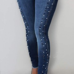 Pantalon Jean femme en taille haute avec perles