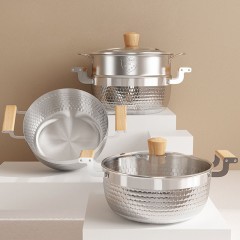 Casserole  à soupe amphores en acier inoxydable avec manche en bois massif