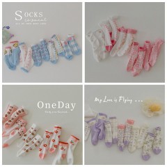 Set de 5 pièces de chaussettes pour filles avec dentelle respirante maille imprimée carreaux