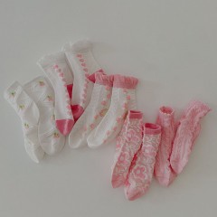 Set de 5 pcs de chaussettes pour enfants en maille respirante, dentelle torsadée en coton peigné