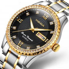 Montre homme incrusté de diamants en acier avec bande étanche à l'eau