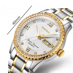 Montre homme incrusté de diamants en acier avec bande étanche à l'eau