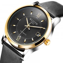 WLISTH Montre pour hommes avec bracelet en cuir, boucle Automatique - Mécanique - Double Squelette