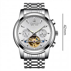 WLISTH montres pour les hommes en acier/bracelet en cuir double calendrier ajourée volant en spirale