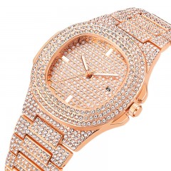 WLISTH Montre pour les hommes sertie de diamants en acier avec fenêtre de calendrier