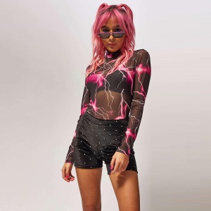 Body-suit transparent à manches longues imprimé et col roulé