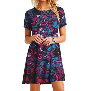 Robe à manches courtes et col rond imprimé de style européen et américain ultra-court pelucheux robe de princesse pour Amazon 2019