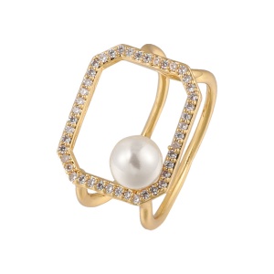 Bague avec perle en métal plaqué avec de l'or véritable